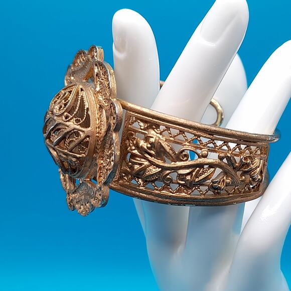 Vintage Gold Tone Filigree Openwork Cuff Bracelet, Egyptian Revival, 6 1/2 Inch - Picture 11 of 13